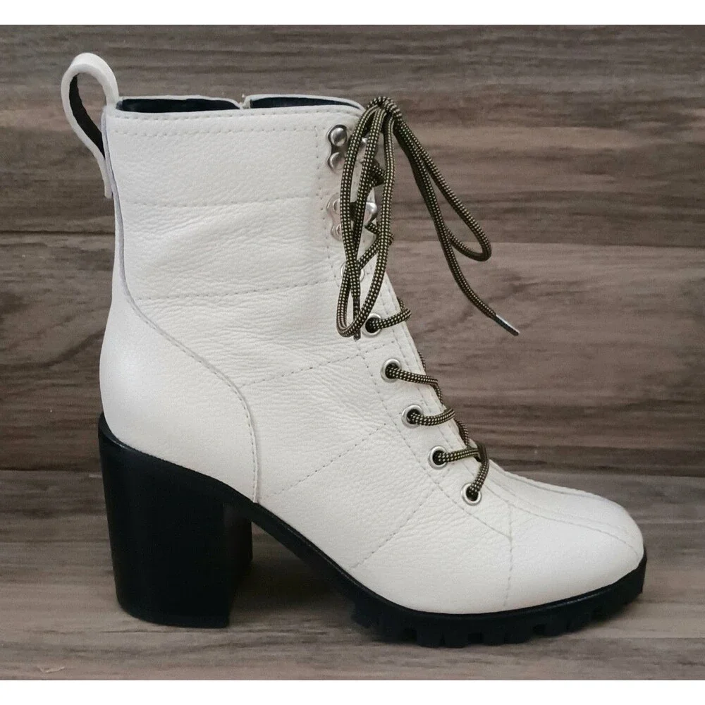New PAIGE Christie Ivory Pebbled Leather Lace Up Combat Boot Block Heel Sz 6